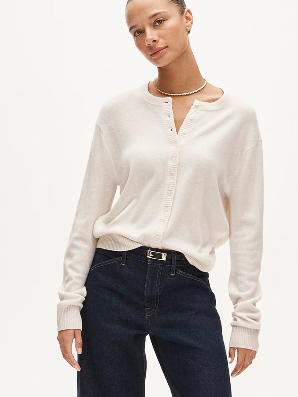J. Crew Cream Button-Front Scoop-Neck Cardigan Sweater